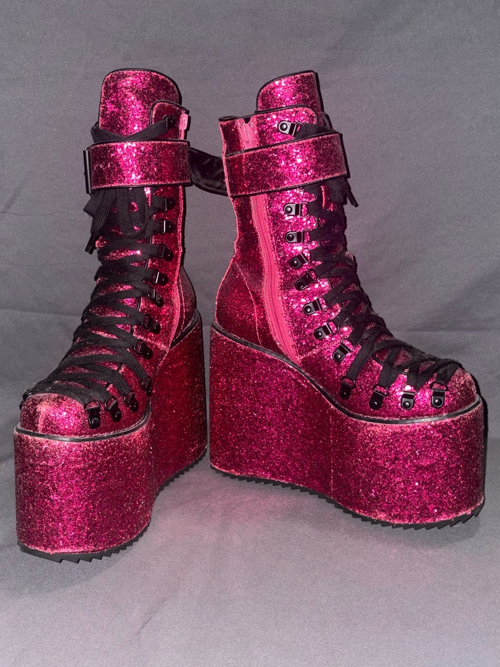 Hot pink glitter platform traitor boots